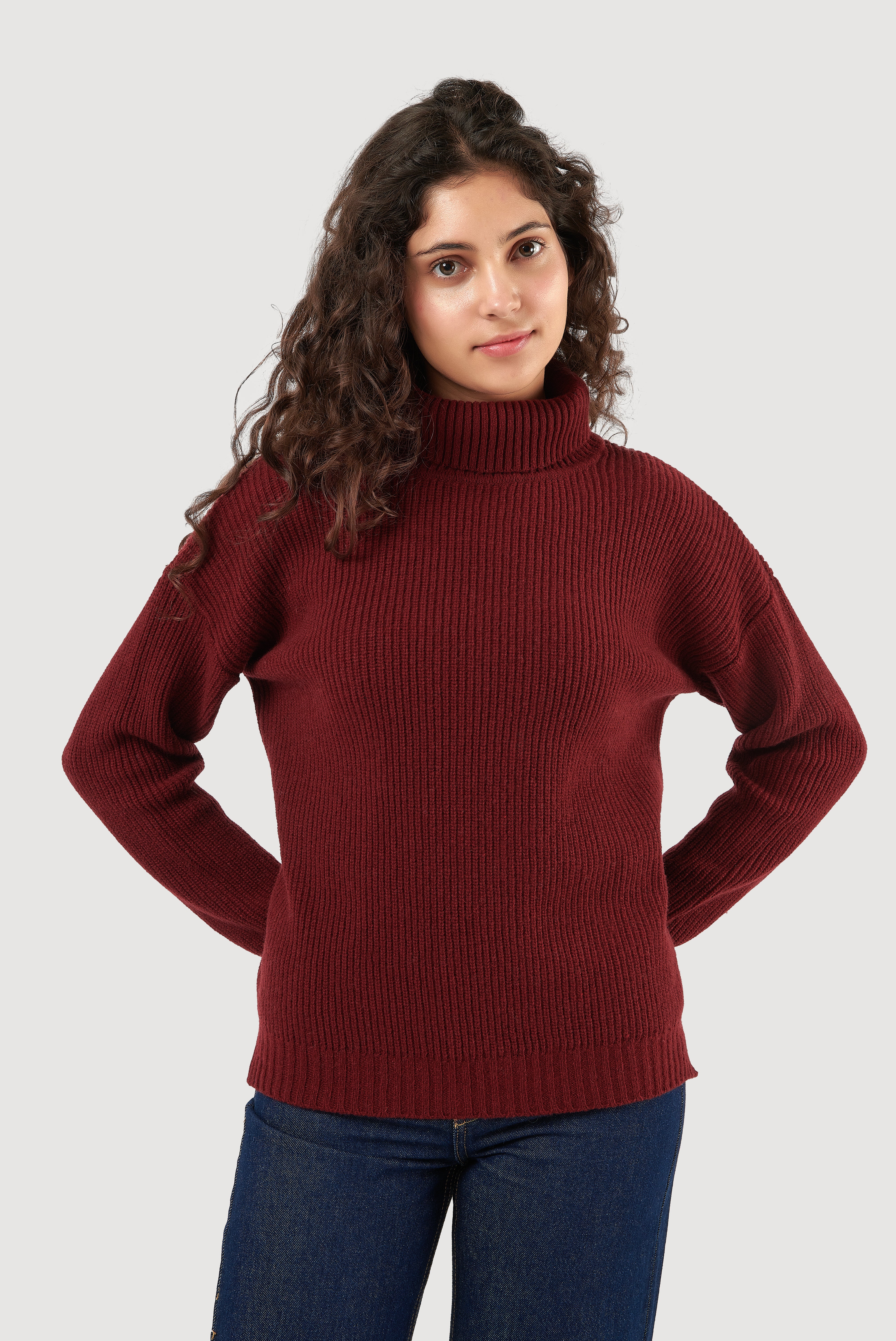 Camisola de gola alta canelada em lã de cordeiro