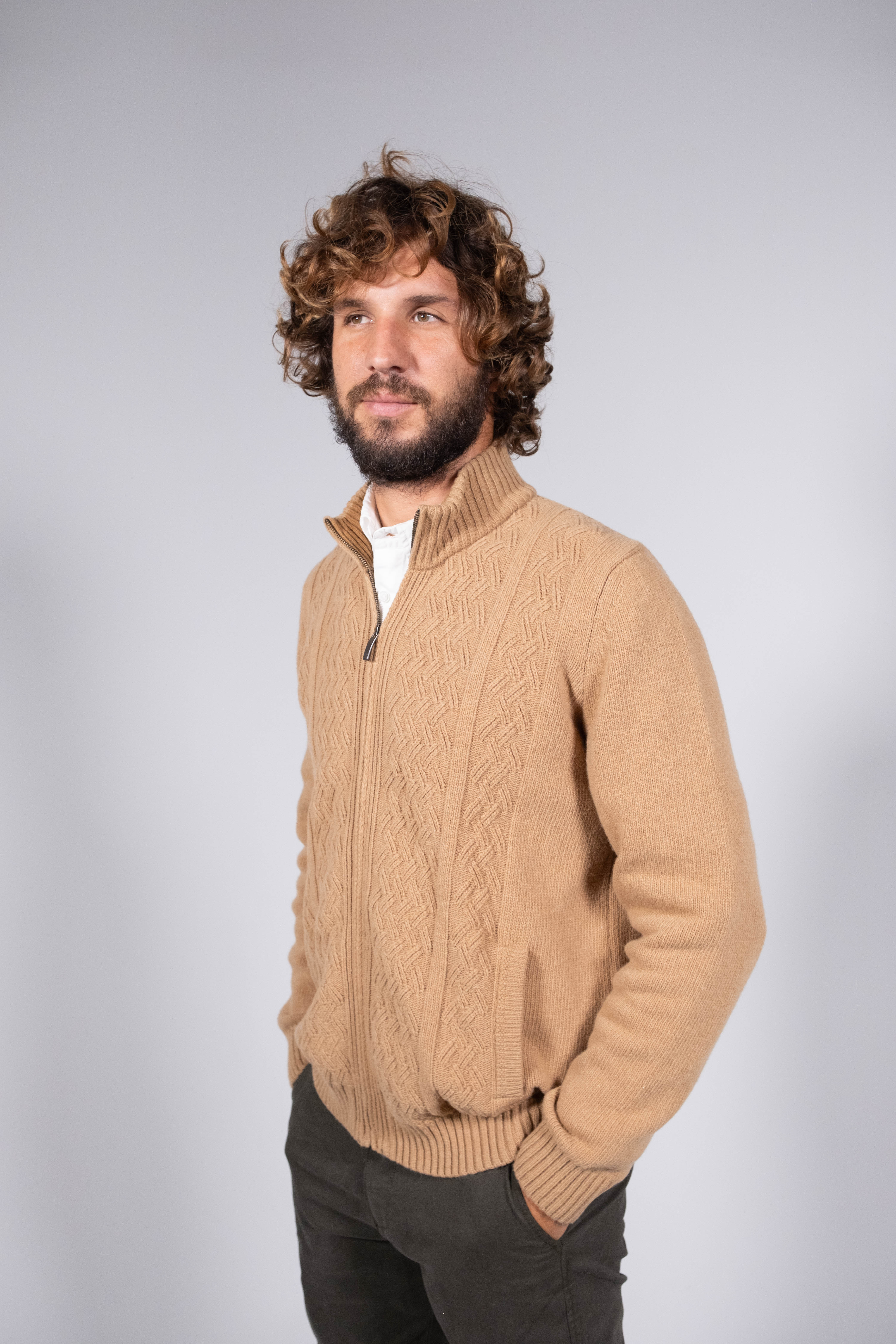 Aran Lambswool Zip-Up Cardigan