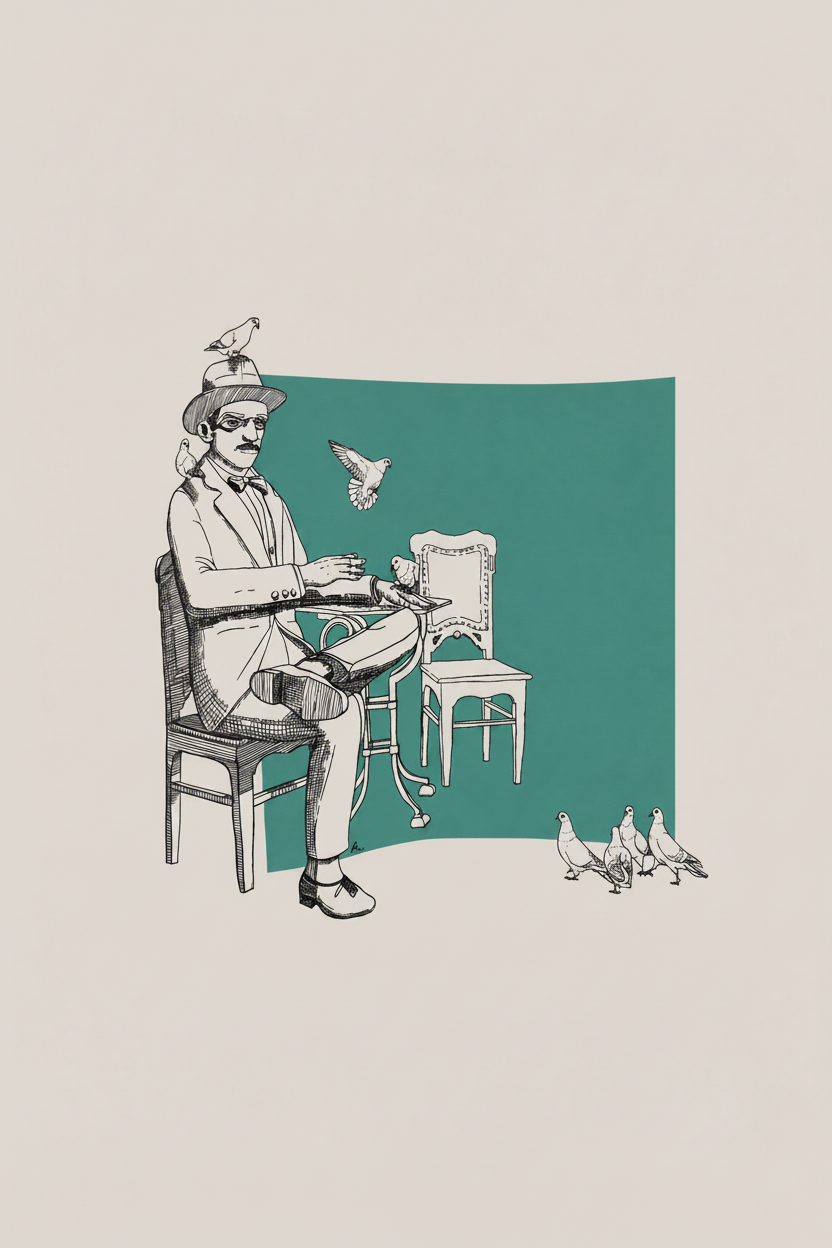 Ilustração homem pombos formato 2:3