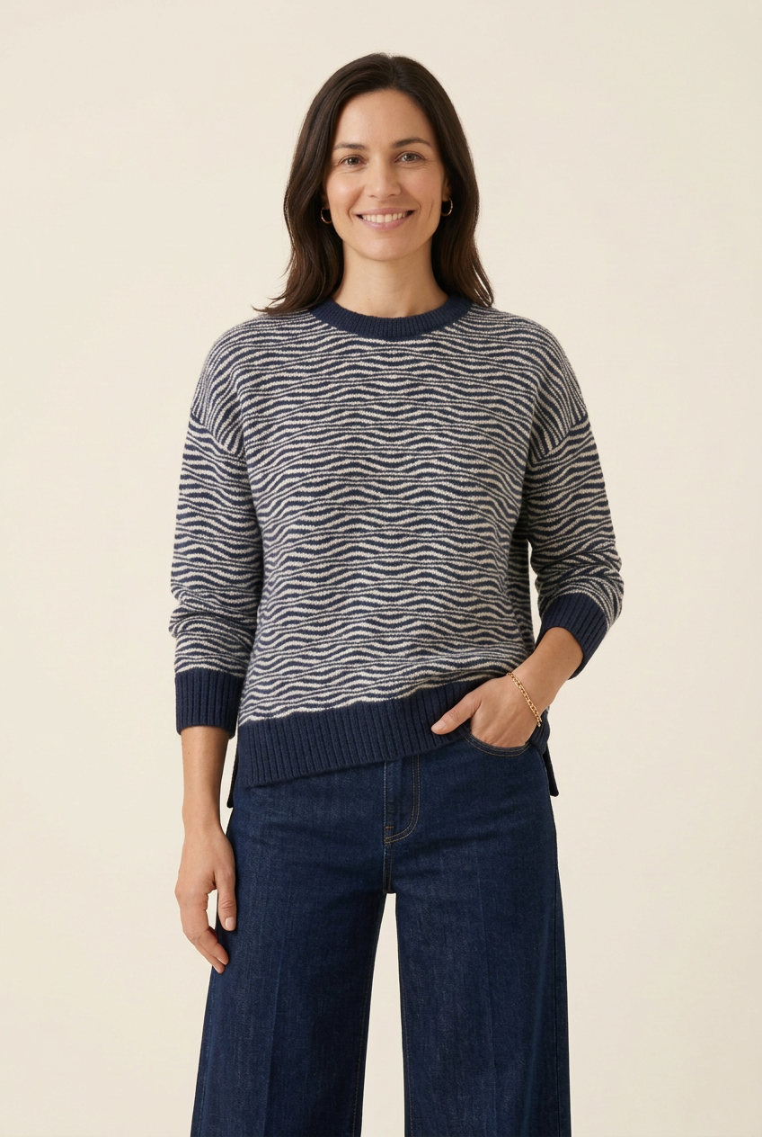 Look com camisola azul-marinho e ganga de perna larga