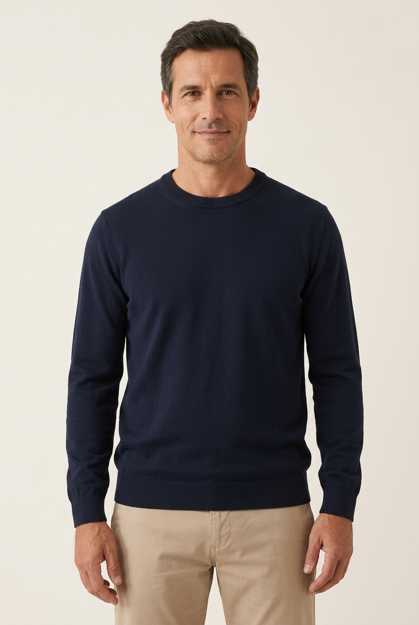 Proposta de homem de 45 anos com a camisola azul-escura