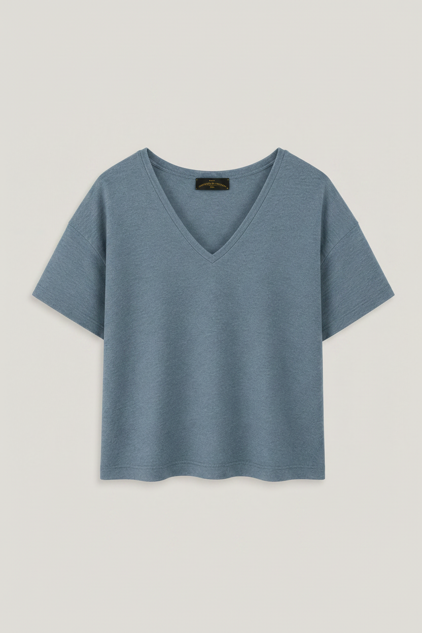 Top de Linho Oversized em V - Azul Centrado
