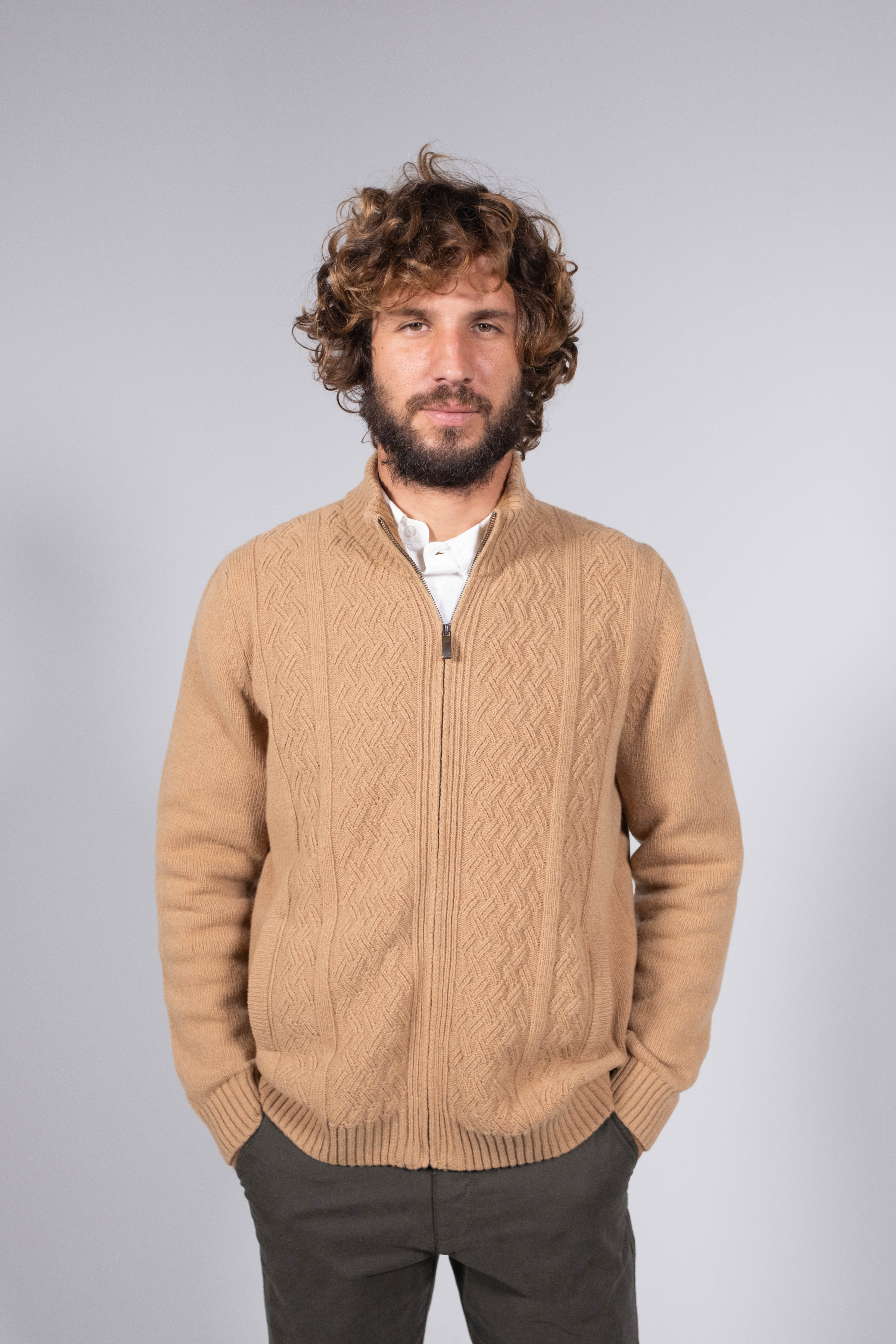 Aran Lambswool Zip-Up Cardigan