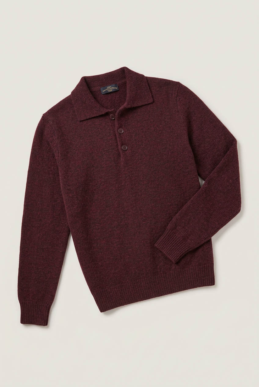 Packshot do polo Bordeaux em composição diagonal com uma manga dobrada