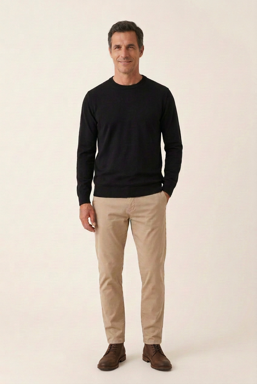 Camisola preta de algodão com decote redondo, modelo com sorriso discreto, calças bege e botas castanhas mate