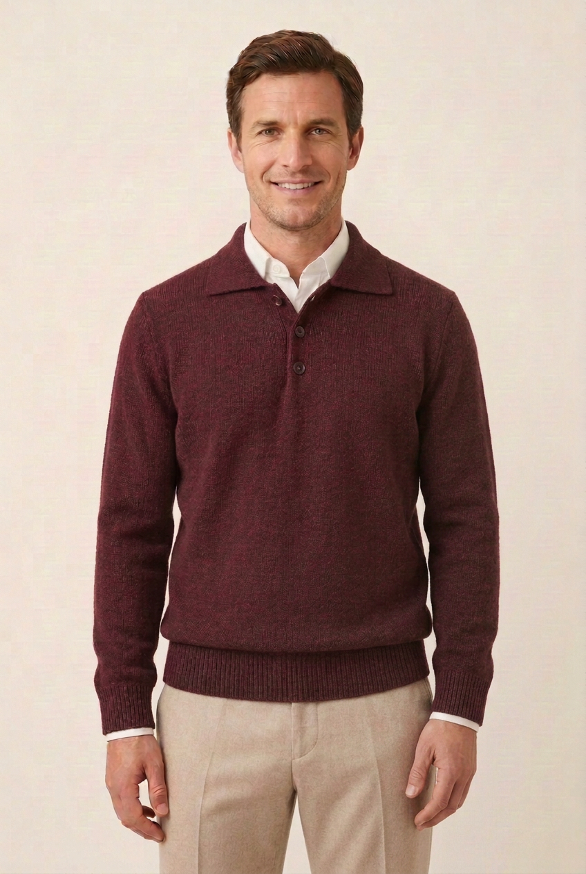 Modelo com camisola Bordeaux e braços numa posição natural