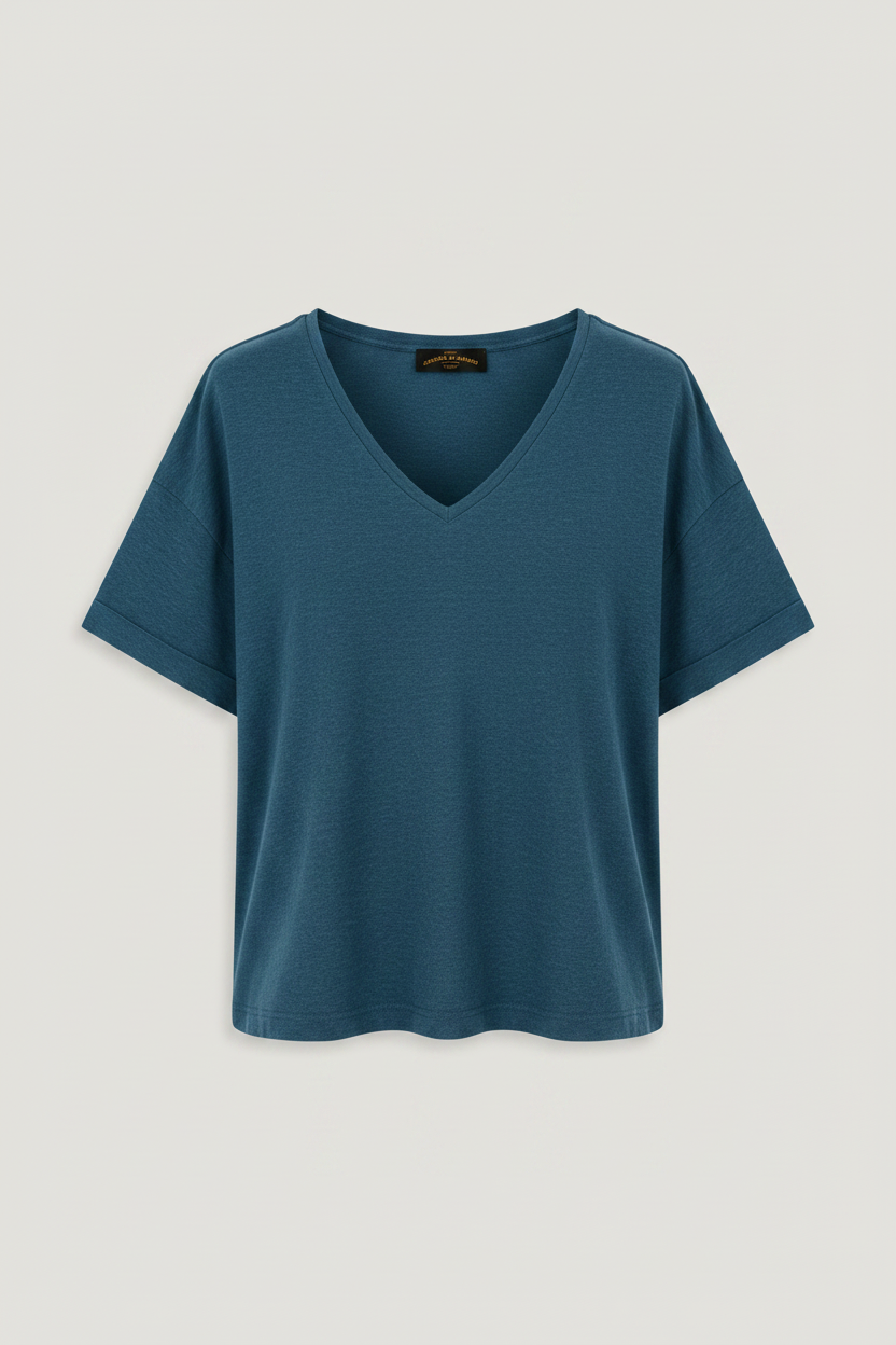T-shirt Decote V Azul Petróleo